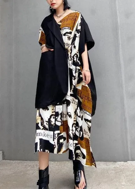 Classy black patchwork floral Cotton quilting dresses asymmetric short Dresses