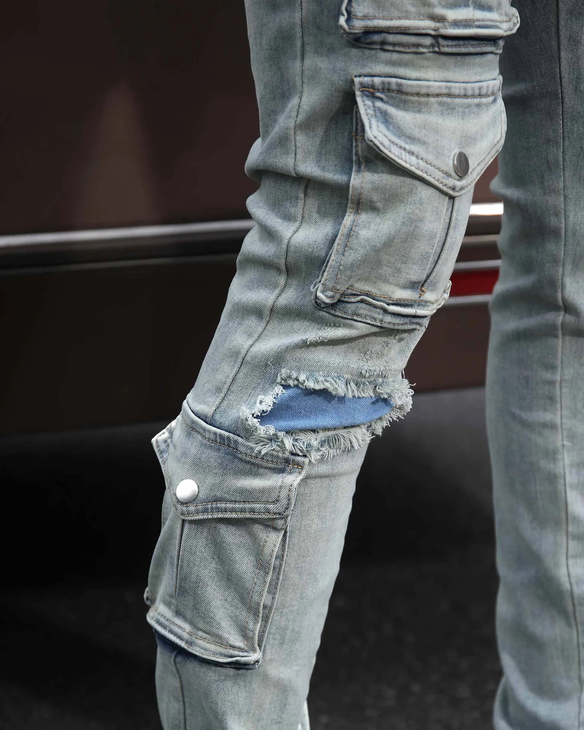 Distressed Blue Cargo Ripped Jeans with Multiple Pockets